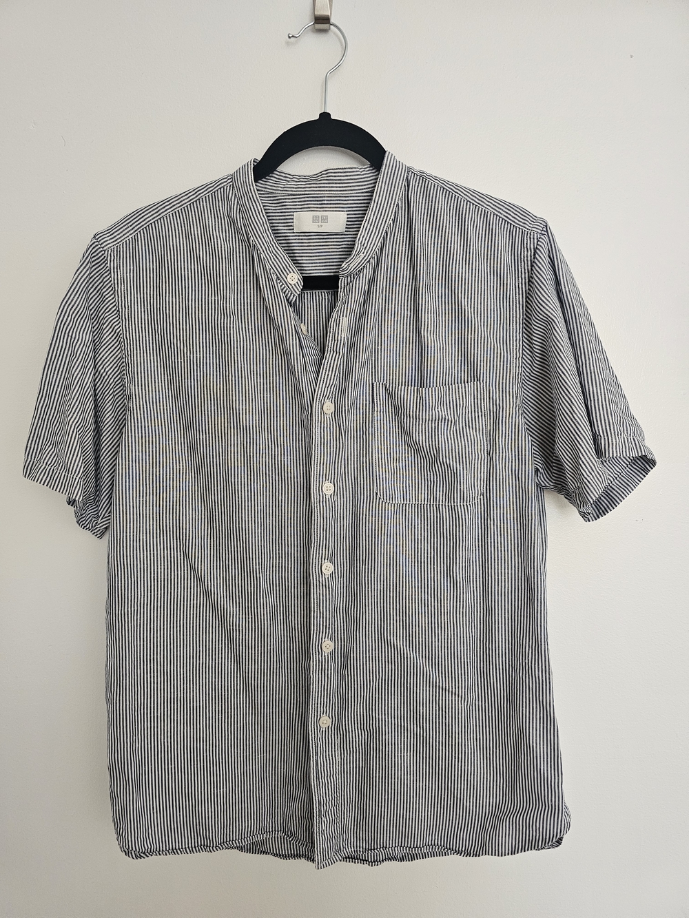 Uniqlo Linen Cotton Navy White Vertical Stripe Short Sleeve Button-Down Shirt S